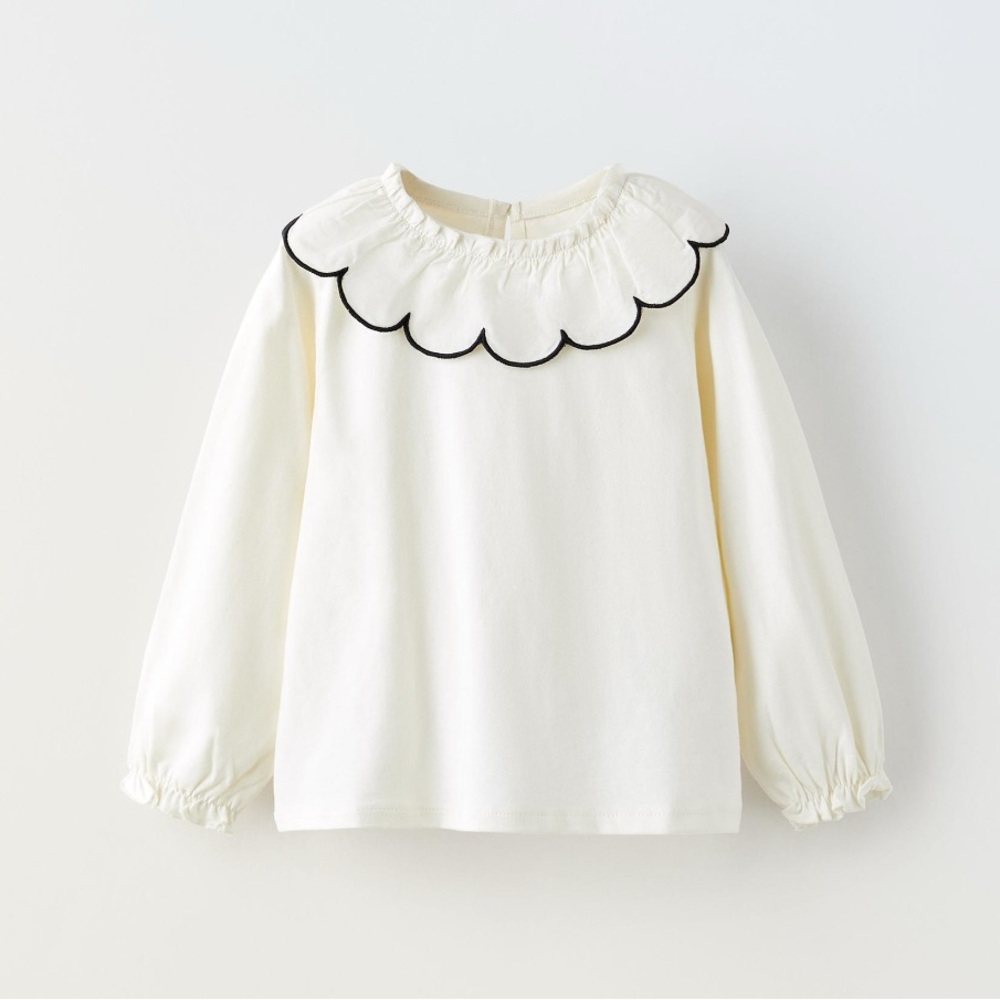 Zara Oversized Collar Bib Blouse Ivory with Black Scalloped Collar
